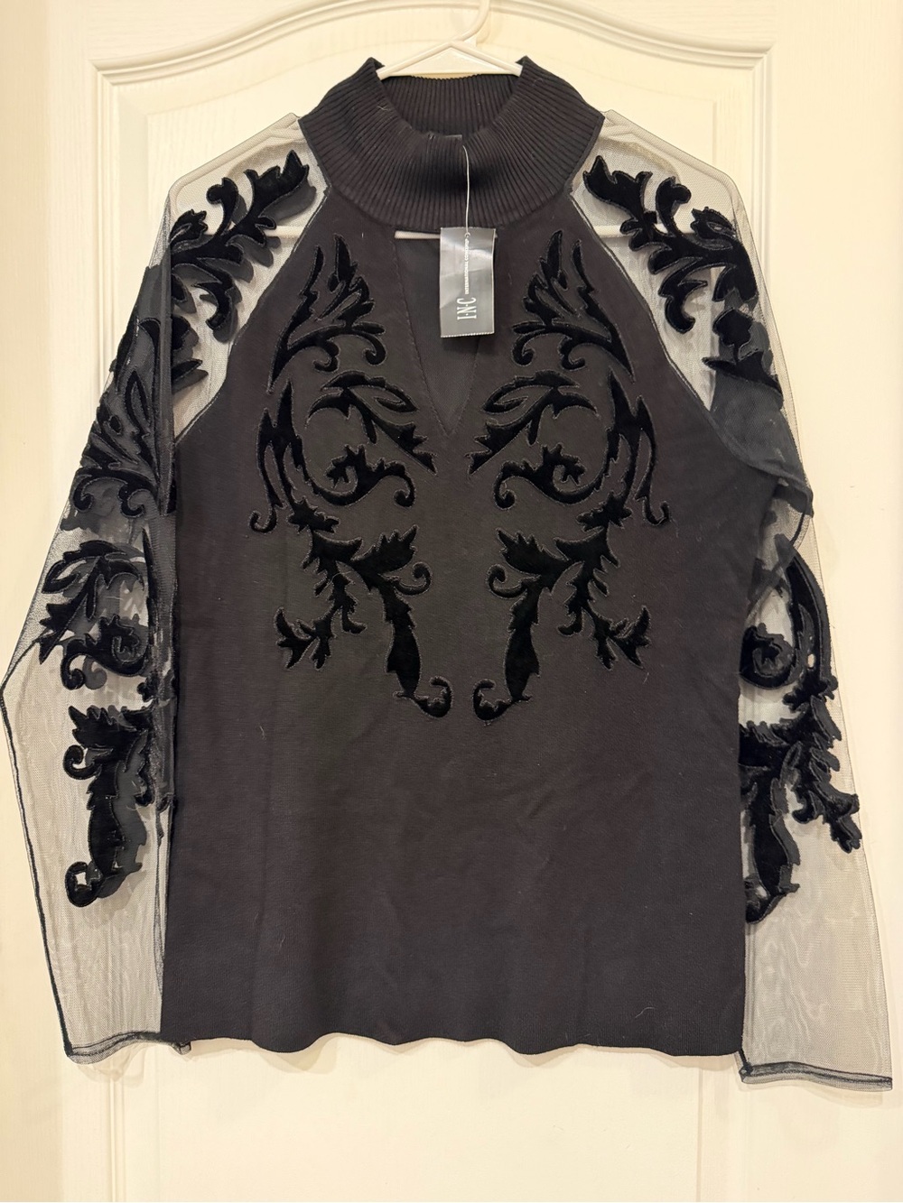 INC International Concepts Black Mesh-Sleeve Embroidered Mock Neck Top